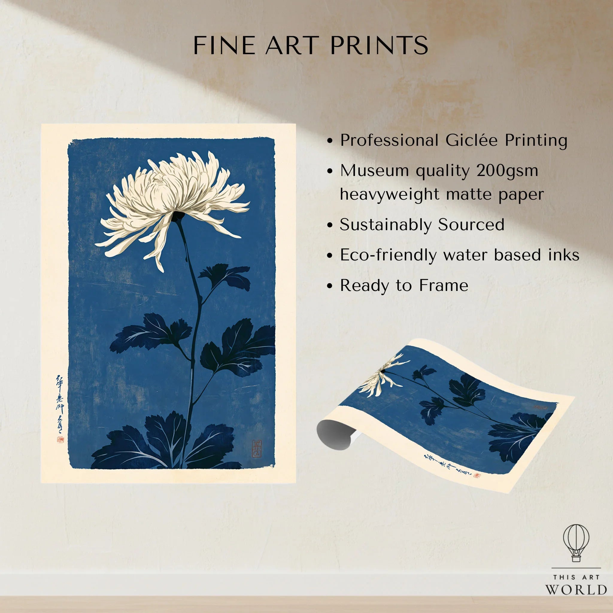 Chrysanthemum Art Print – Blue Japanese Botanical Wall Art — fine art print unframed quality details