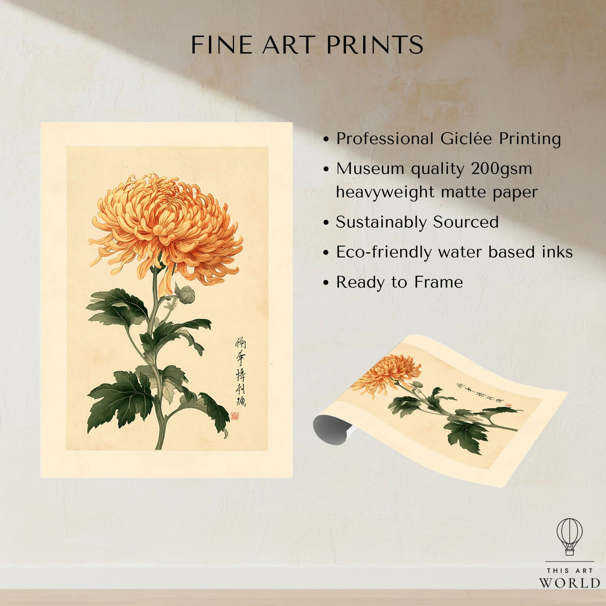 Orange Chrysanthemum Art Print – Vintage Japanese Wall Art — fine art print unframed quality details