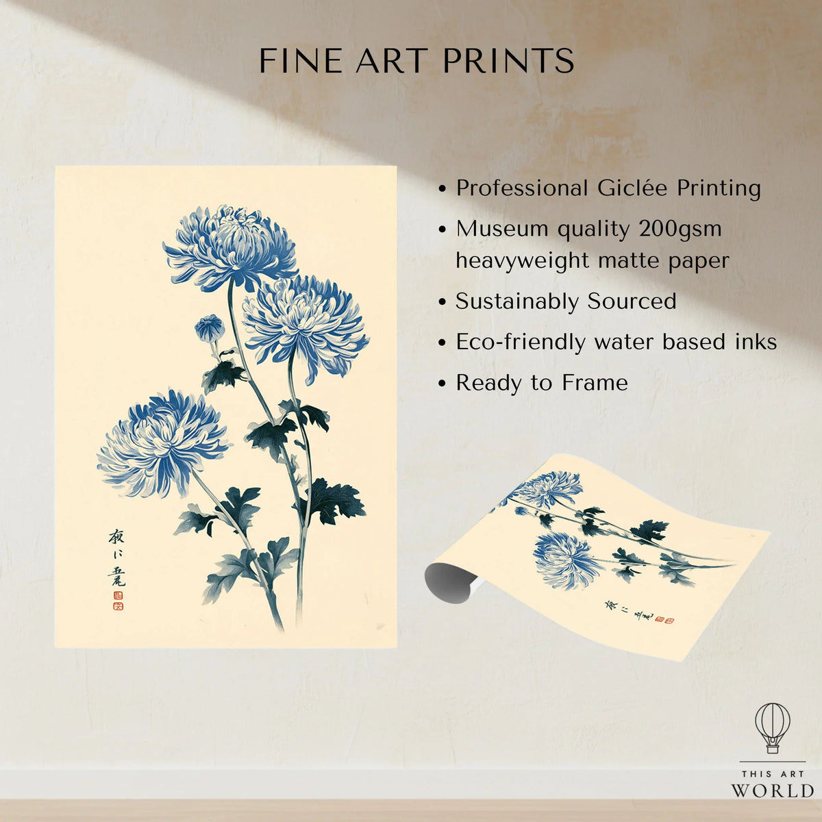 Blue Chrysanthemum Art Print – Japanese Botanical Wall Art — fine art print unframed quality details