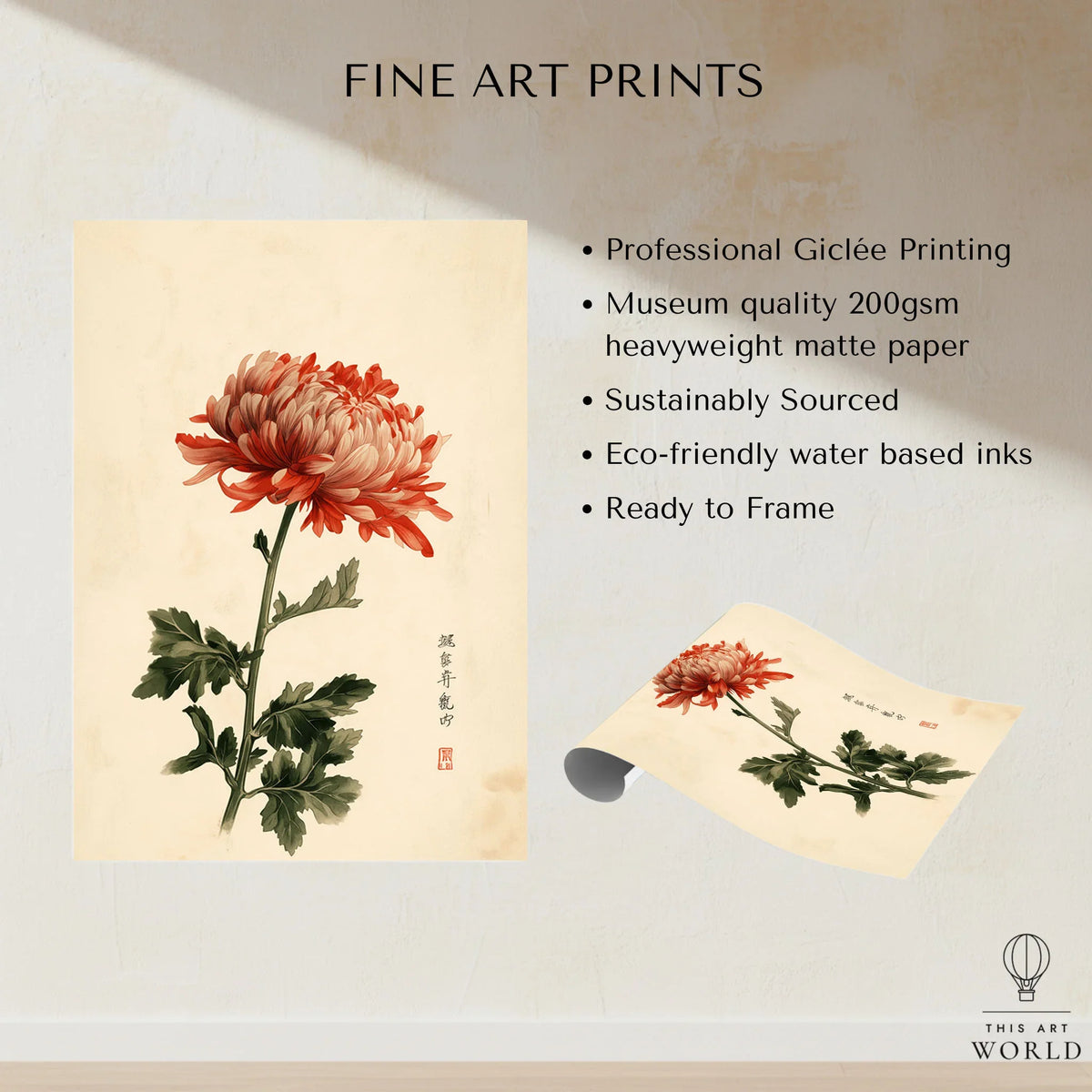 Red Chrysanthemum Art Print – Vintage Japanese Flower Wall Art — fine art print unframed quality details