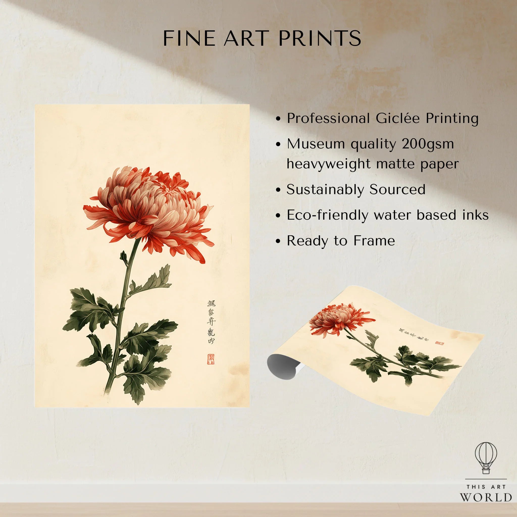 Red Chrysanthemum Art Print – Vintage Japanese Flower Wall Art — fine art print unframed quality details