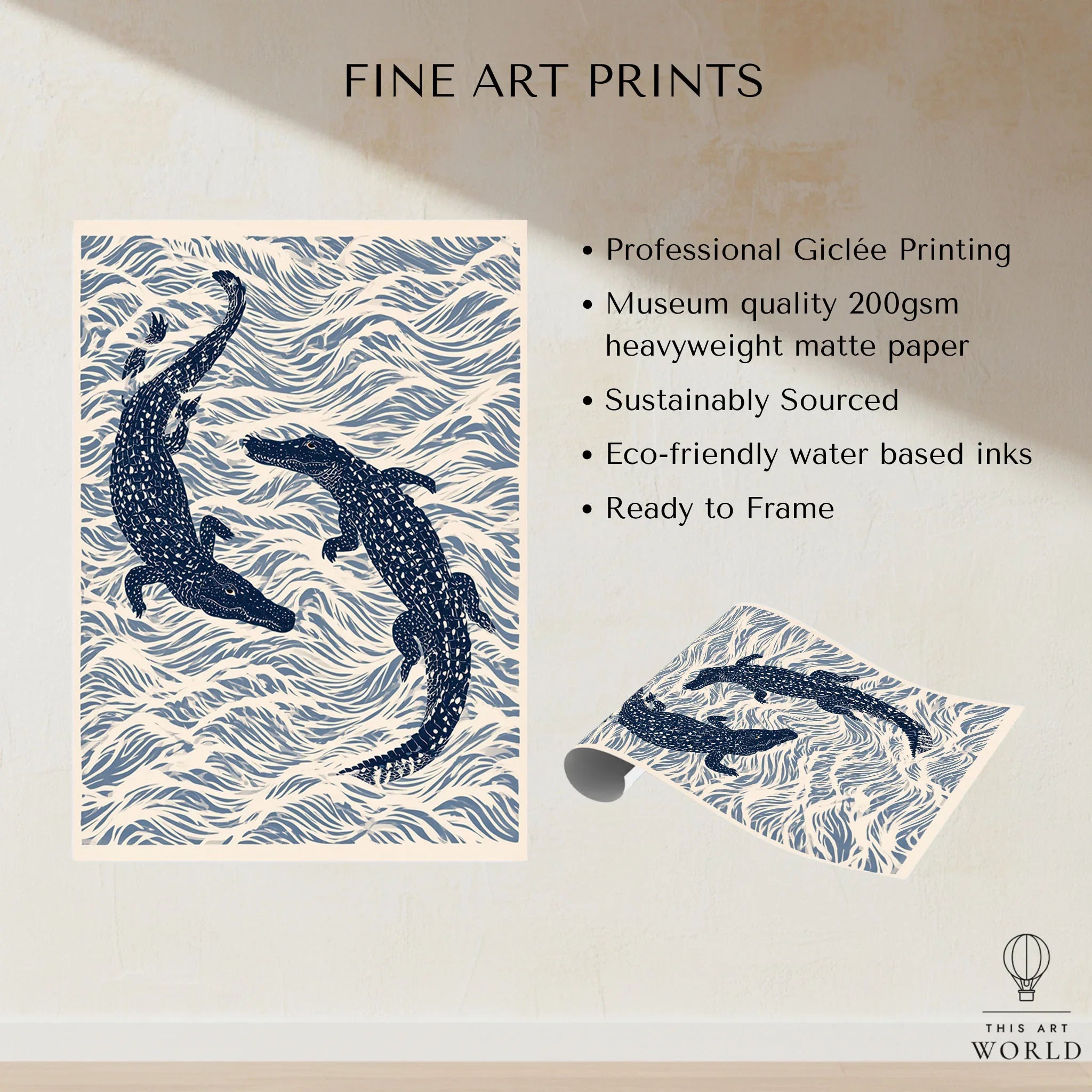 Crocodile Art Print – Blue Japanese Woodblock Wall Art — fine art print unframed quality details
