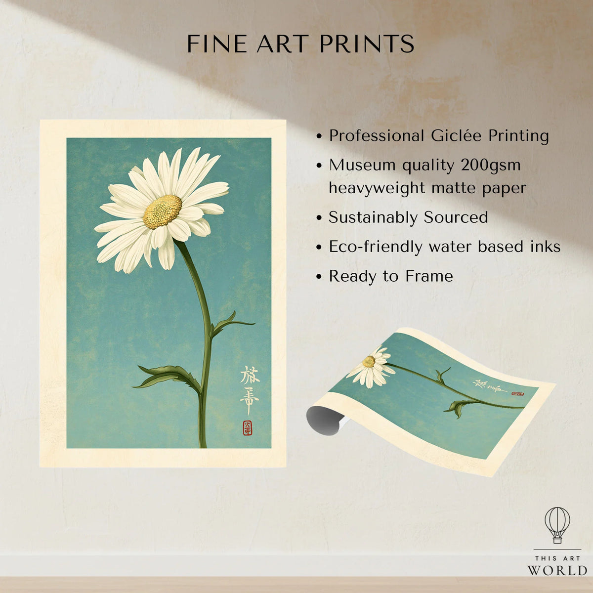Daisy Art Print – Blue Japanese Botanical Wall Art — fine art print unframed quality details