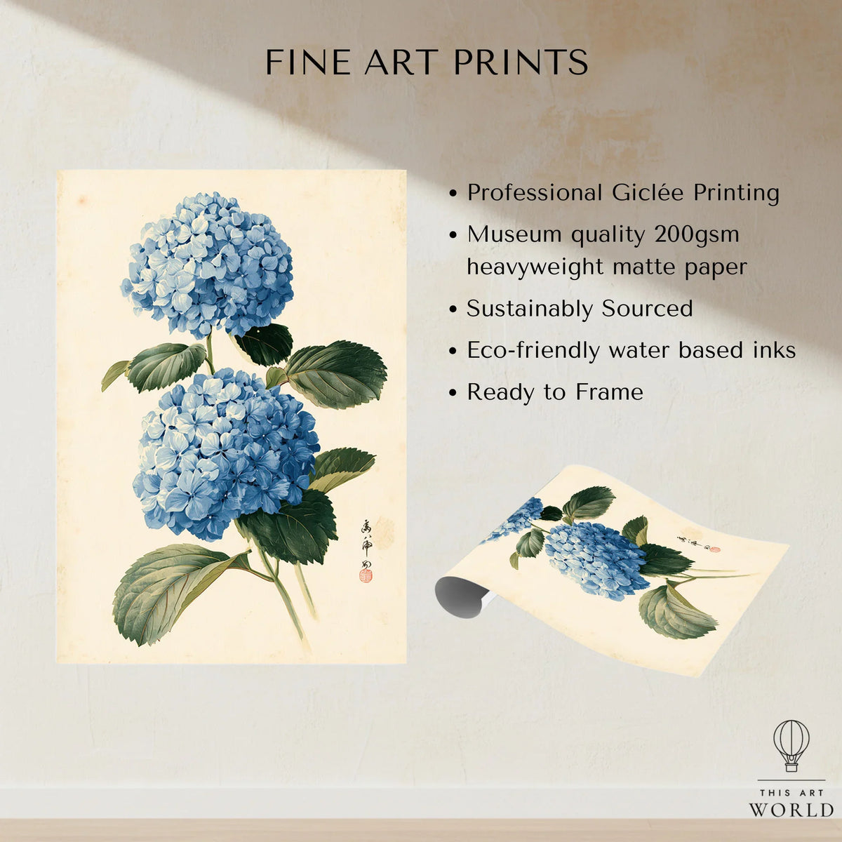 Blue Hydrangea Art Print – Japanese Botanical Wall Art — fine art print unframed quality details