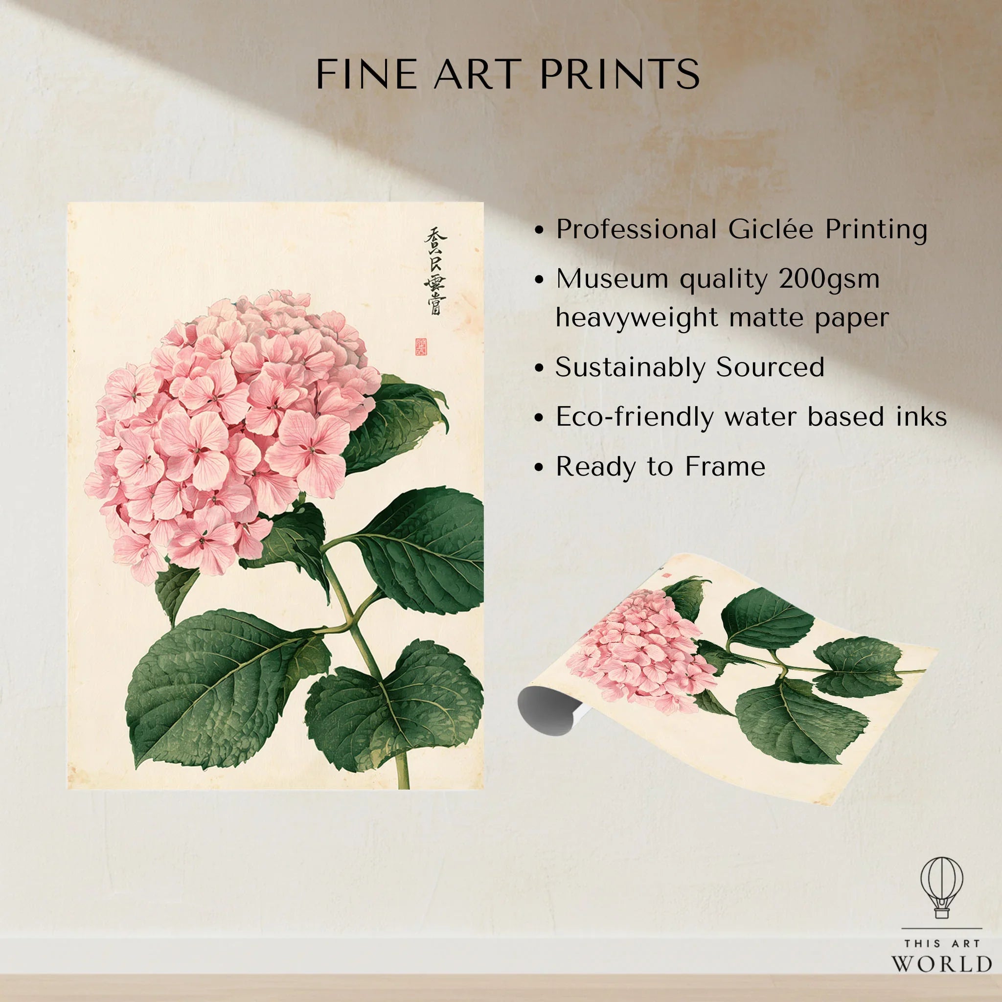 Pink Hydrangea Art Print – Vintage Japanese Botanical Wall Art — fine art print unframed quality details