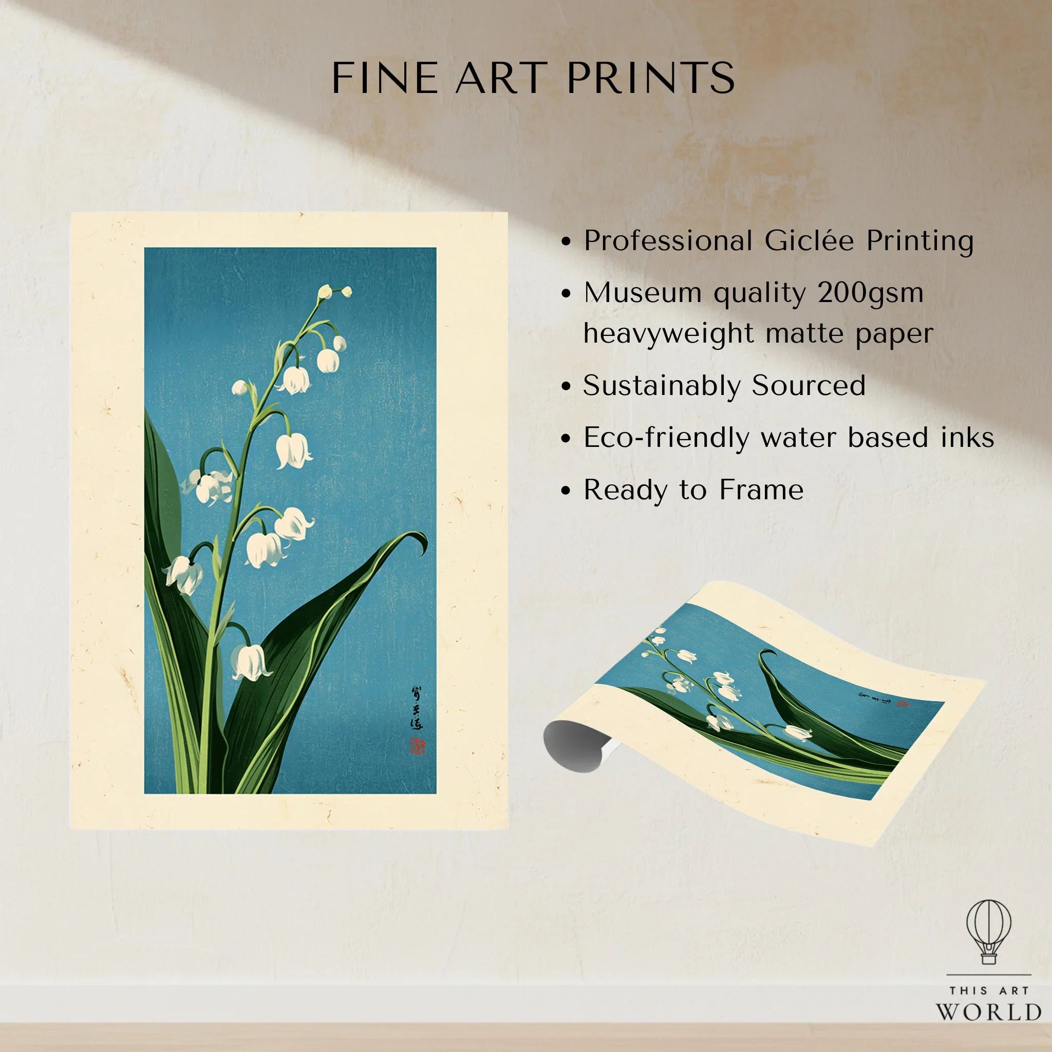 Lily of the Valley Art Print – Blue Japanese Botanical Wall Art — fine art print unframed quality details