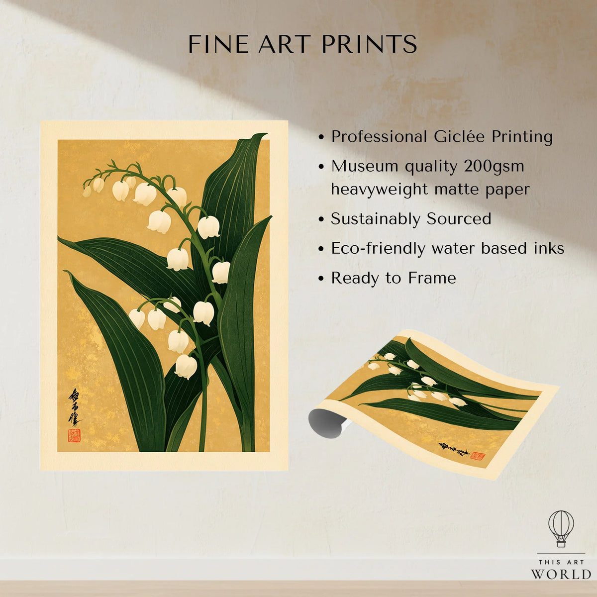 Lily of the Valley Print – Gold Japanese Botanical Wall Art — fine art print unframed quality details