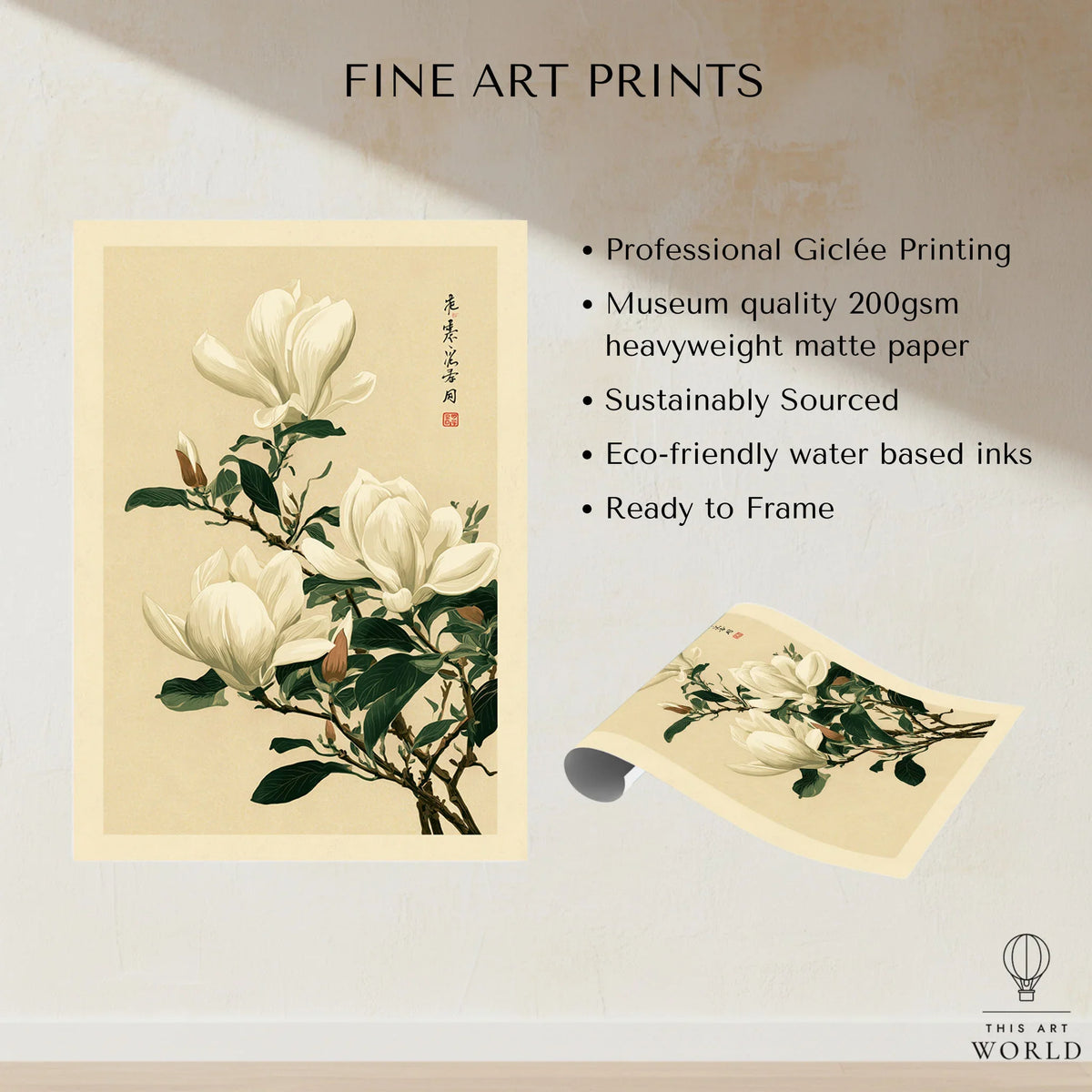 Magnolia Wall Art – Vintage Japanese Botanical Print — fine art print unframed quality details