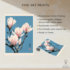 Pink Magnolia Art Print – Blue Japanese Botanical Wall Art — fine art print unframed quality details