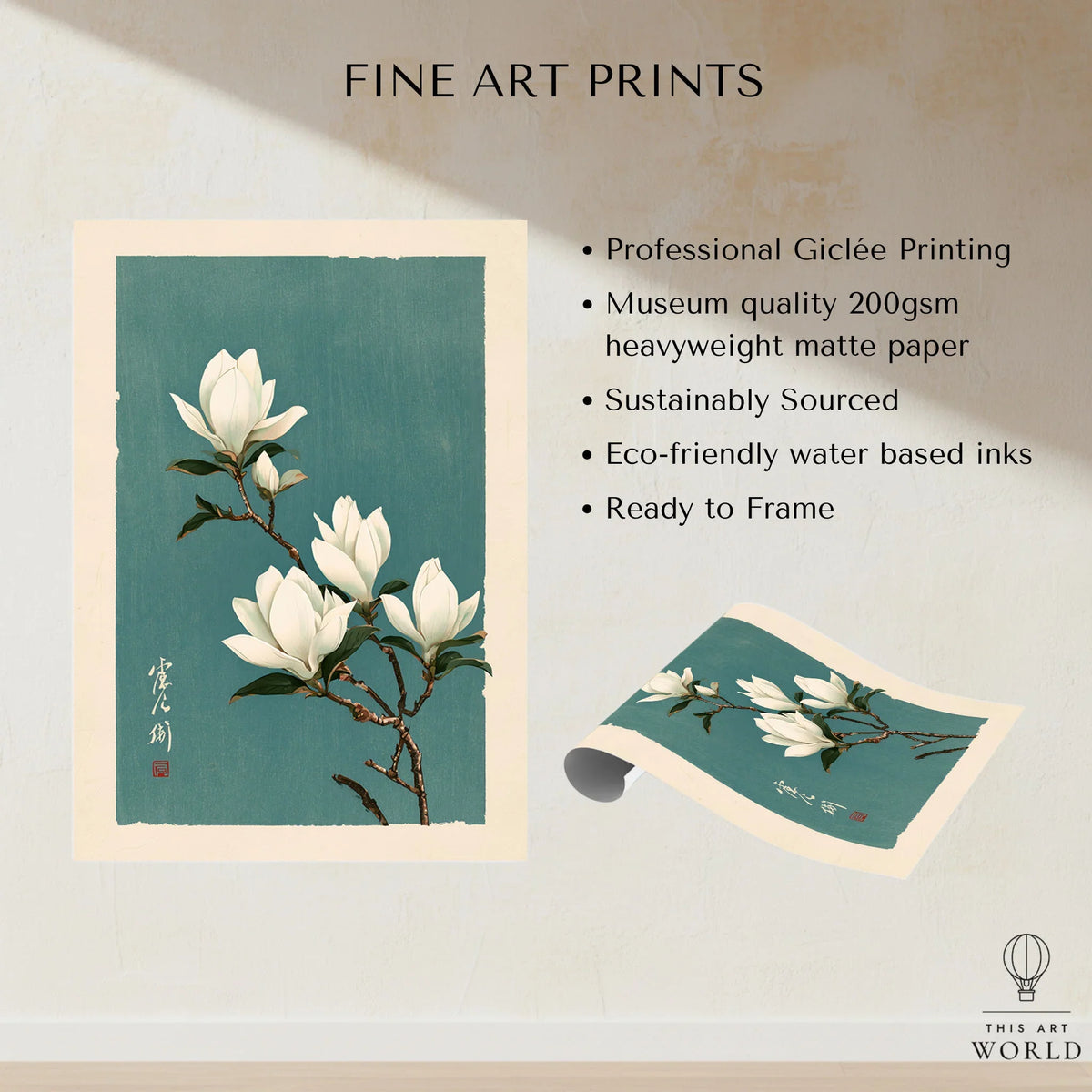 White Magnolia Art Print – Teal Japanese Botanical Wall Art — fine art print unframed quality details