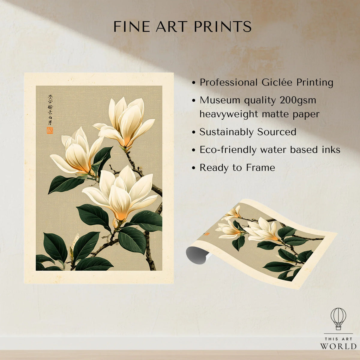Magnolia Flower Wall Art – Neutral Japanese Botanical Print — fine art print unframed quality details