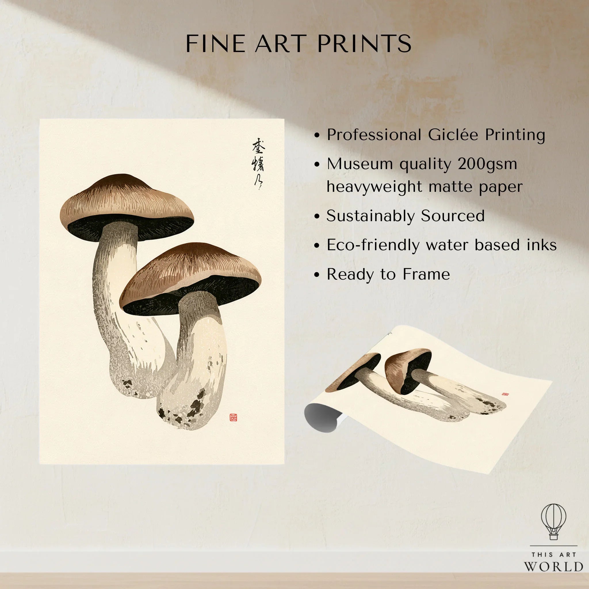 Mushroom Art Print – Vintage Japanese Botanical Wall Art — fine art print unframed quality details