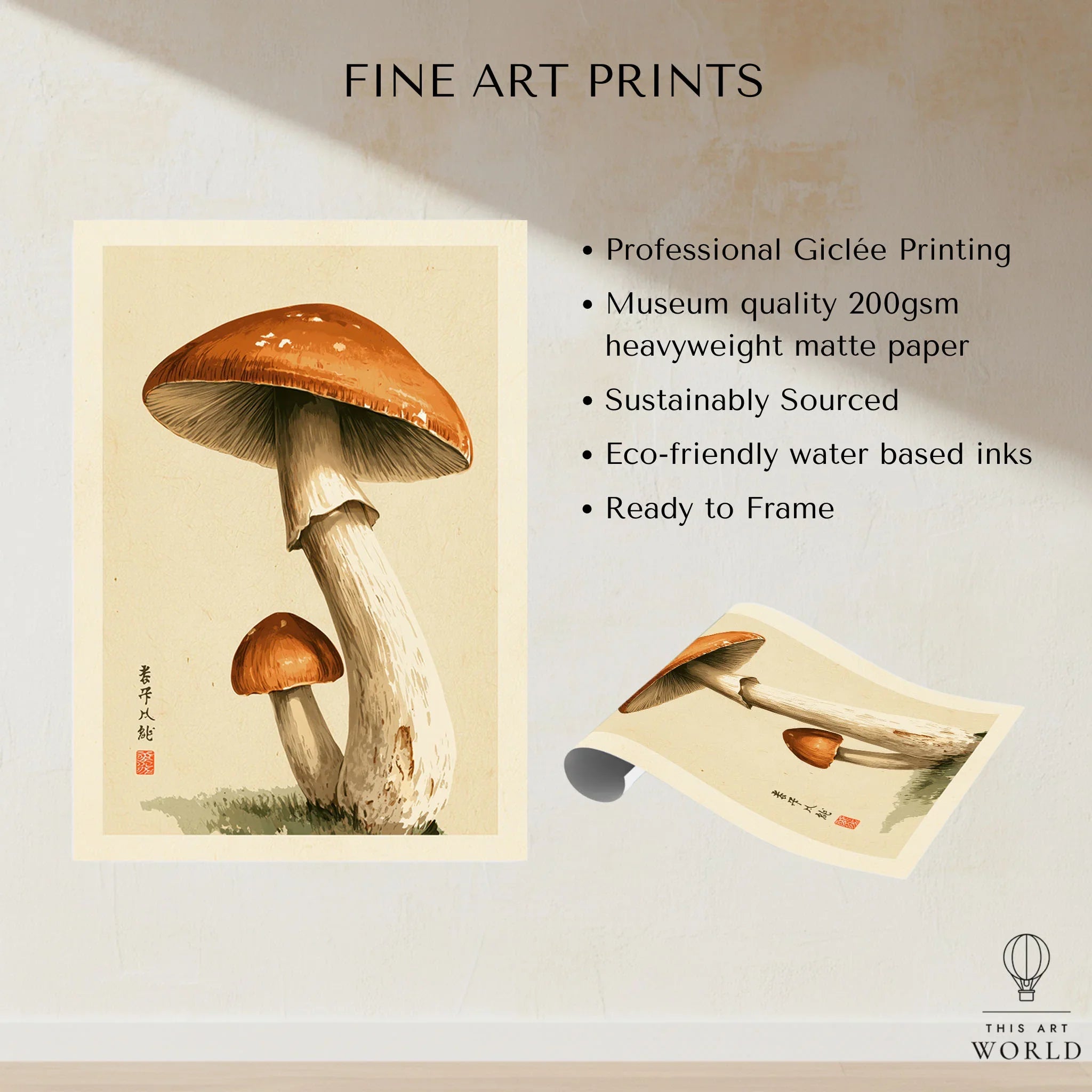 Mushroom Wall Art – Vintage Japanese Woodland Print — fine art print unframed quality details