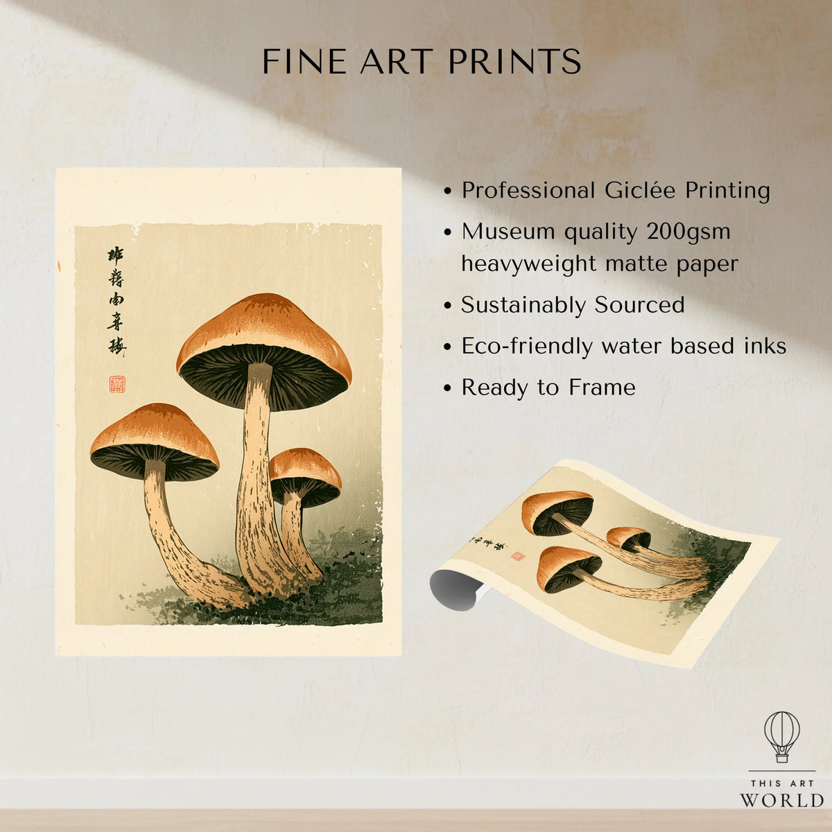 Mushroom Print – Japanese Forest Botanical Wall Art — fine art print unframed quality details