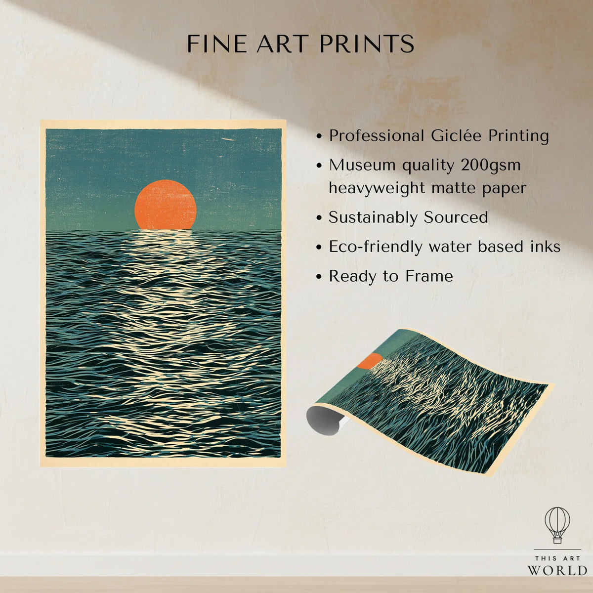 Ocean Sunset Art Print – Japanese Seascape Wall Art — fine art print unframed quality details
