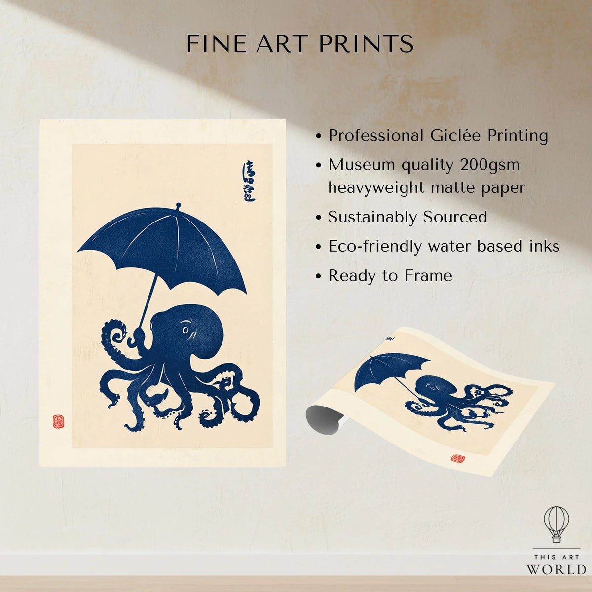 Octopus with Umbrella Art Print – Blue Japanese Wall Art — fine art print unframed quality details