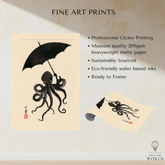 Octopus Umbrella Wall Art – Black Japanese Woodblock Print — fine art print unframed quality details