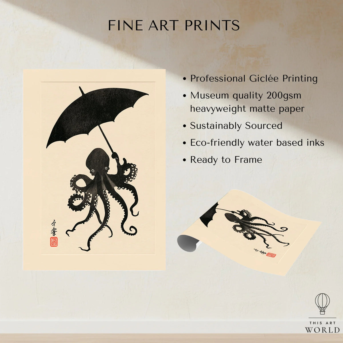 Octopus Umbrella Wall Art – Black Japanese Woodblock Print — fine art print unframed quality details