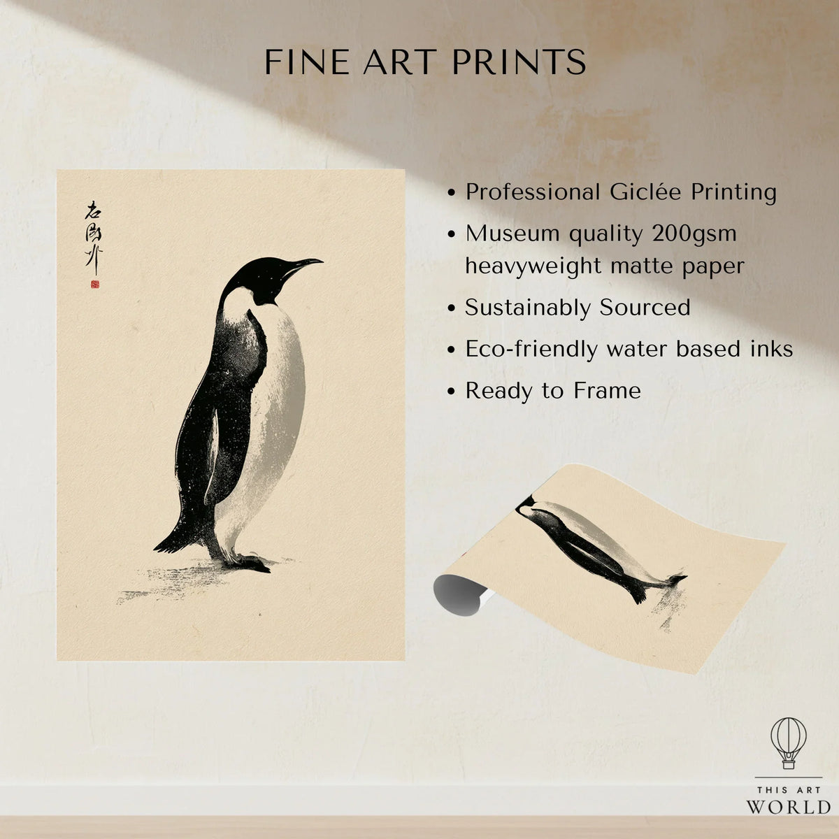Penguin Art Print – Japanese Ink Wall Art — fine art print unframed quality details