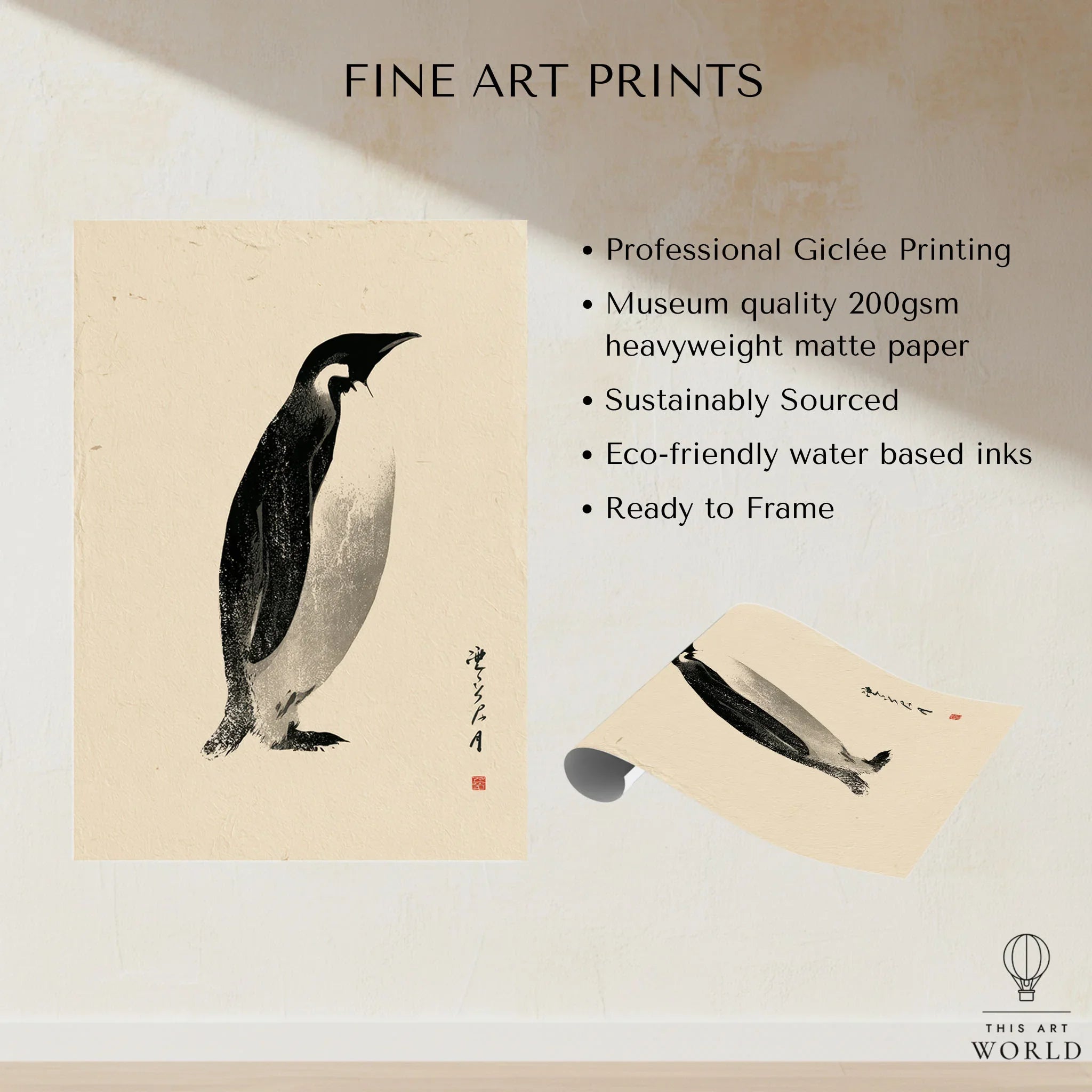 Emperor Penguin Wall Art – Vintage Japanese Ink Print — fine art print unframed quality details