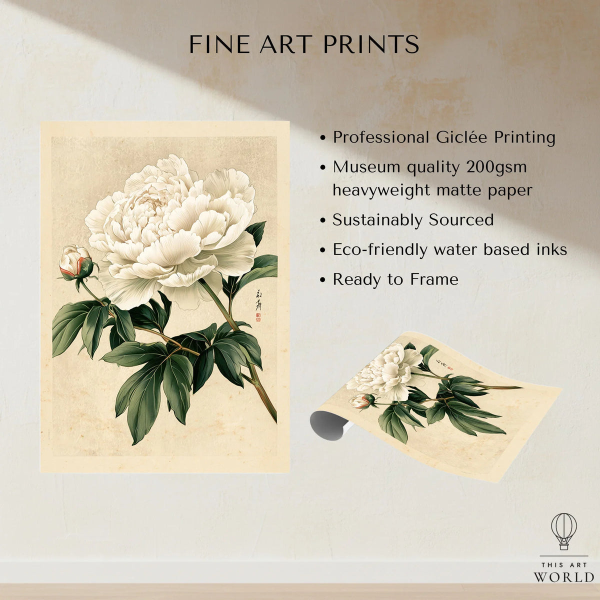 White Peony Art Print – Vintage Japanese Botanical Wall Art — fine art print unframed quality details
