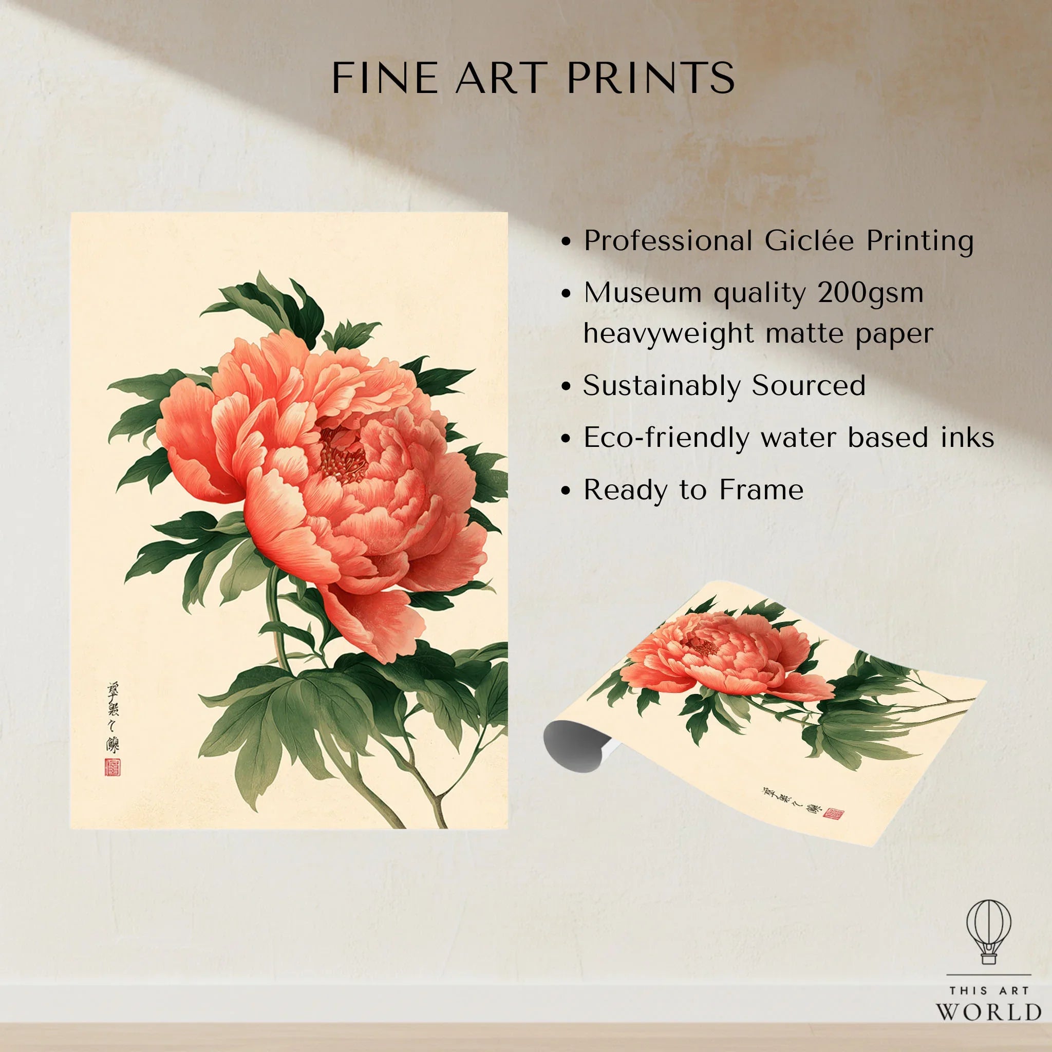Coral Peony Art Print – Japanese Botanical Wall Art — fine art print unframed quality details