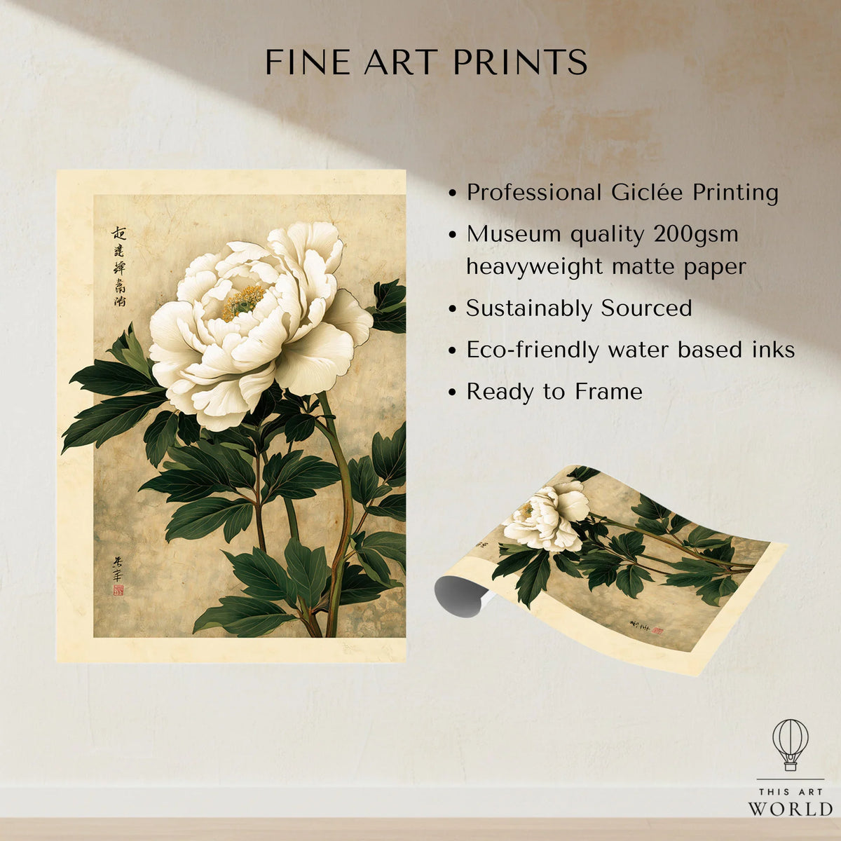 Peony Wall Art – Vintage Japanese Flower Print — fine art print unframed quality details