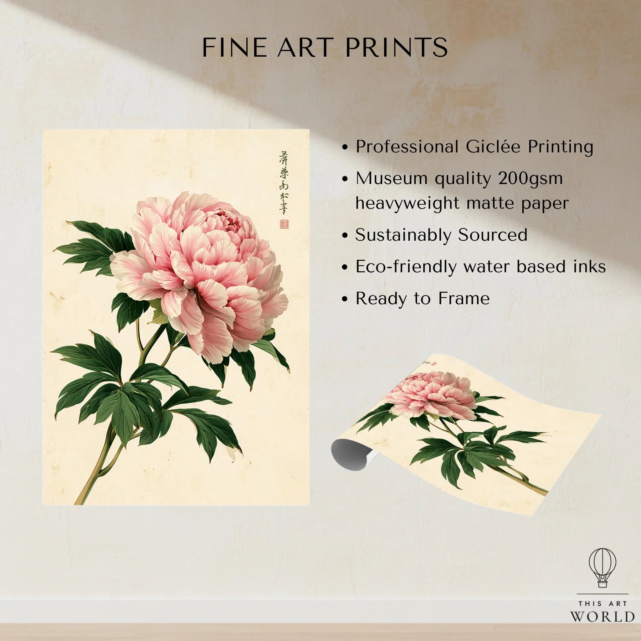 Pink Peony Art Print – Japanese Botanical Wall Art — fine art print unframed quality details