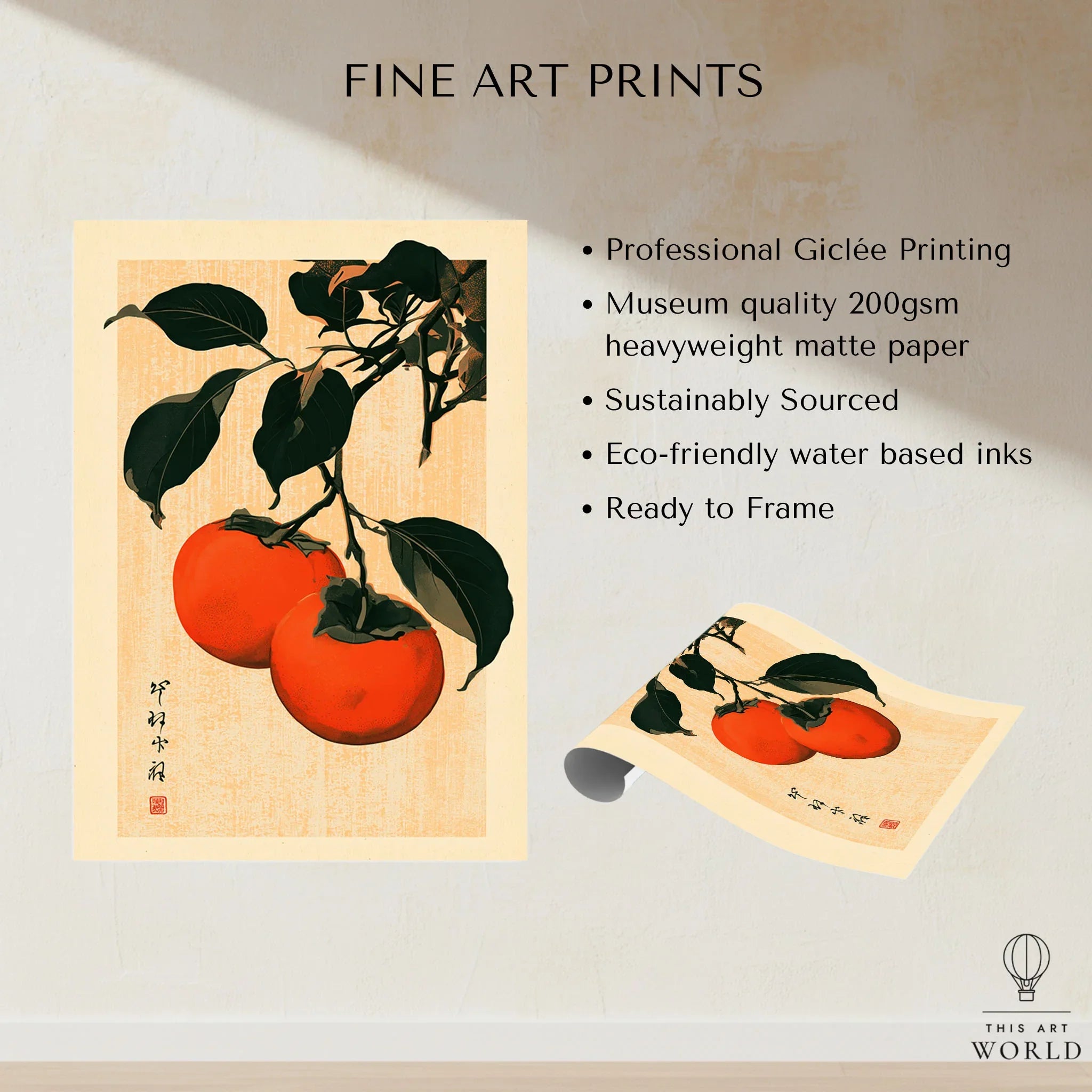 Persimmon Art Print – Japanese Botanical Kitchen Wall Art — fine art print unframed quality details