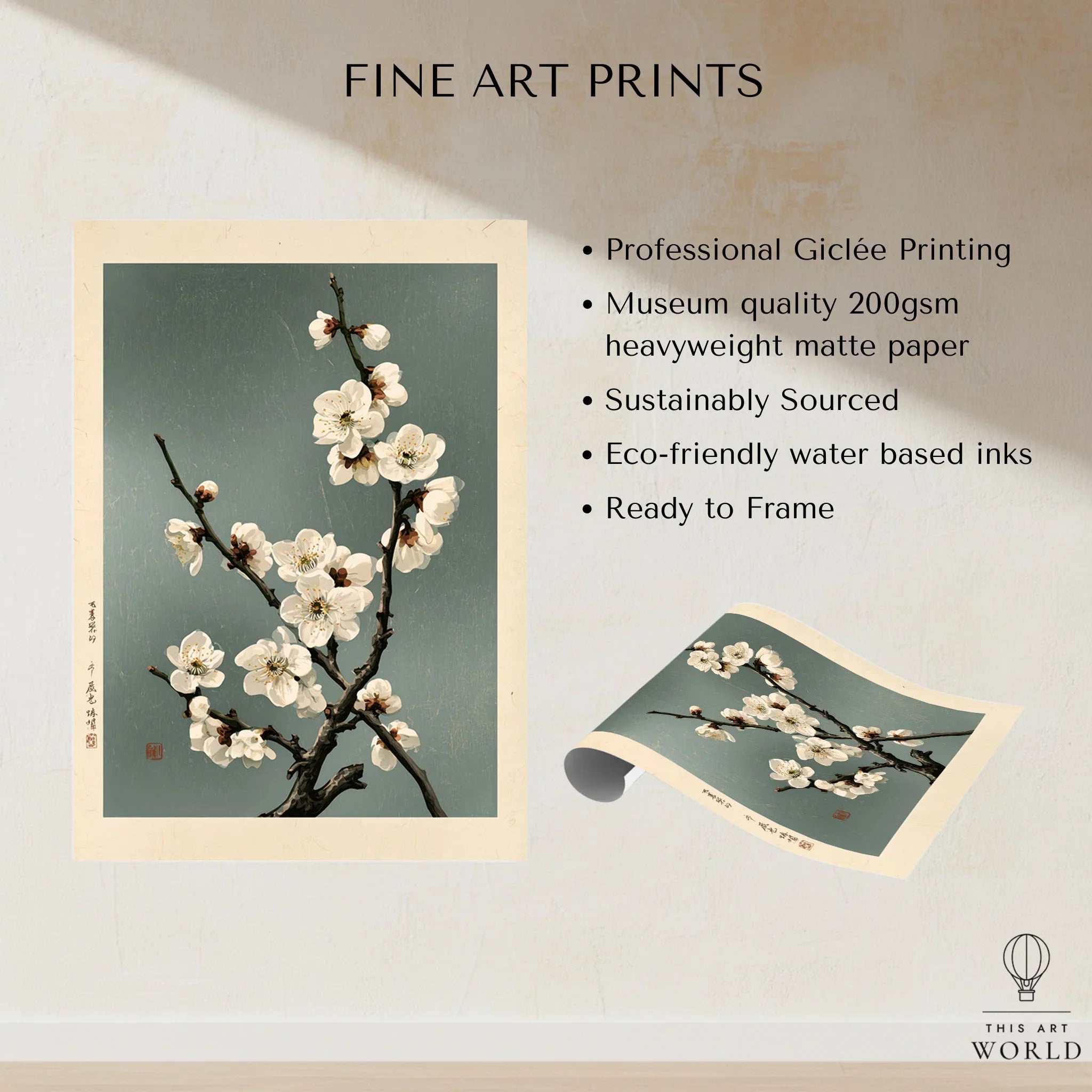 White Plum Blossom Art Print – Japanese Botanical Wall Art — fine art print unframed quality details