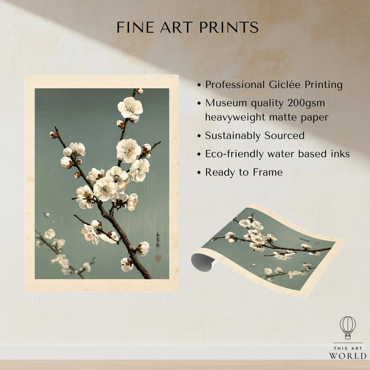 Plum Blossom Wall Art – Vintage Japanese Botanical Print — fine art print unframed quality details