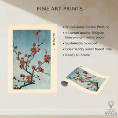 Red Plum Blossom Art Print – Blue Japanese Wall Art — fine art print unframed quality details