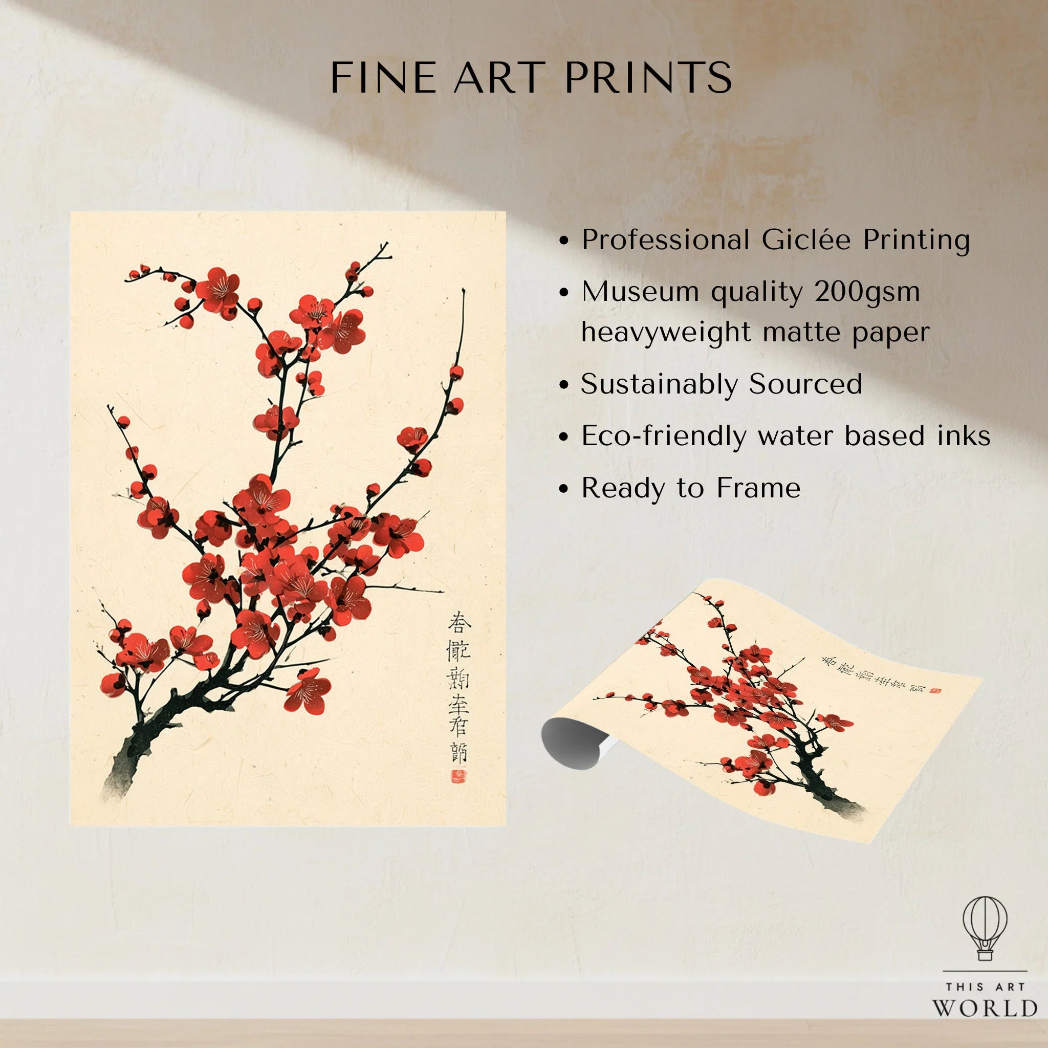 Red Blossom Art Print – Vintage Japanese Plum Wall Art — fine art print unframed quality details