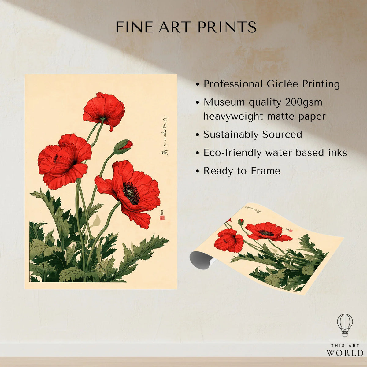 Red Poppy Art Print – Japanese Botanical Wall Art — fine art print unframed quality details