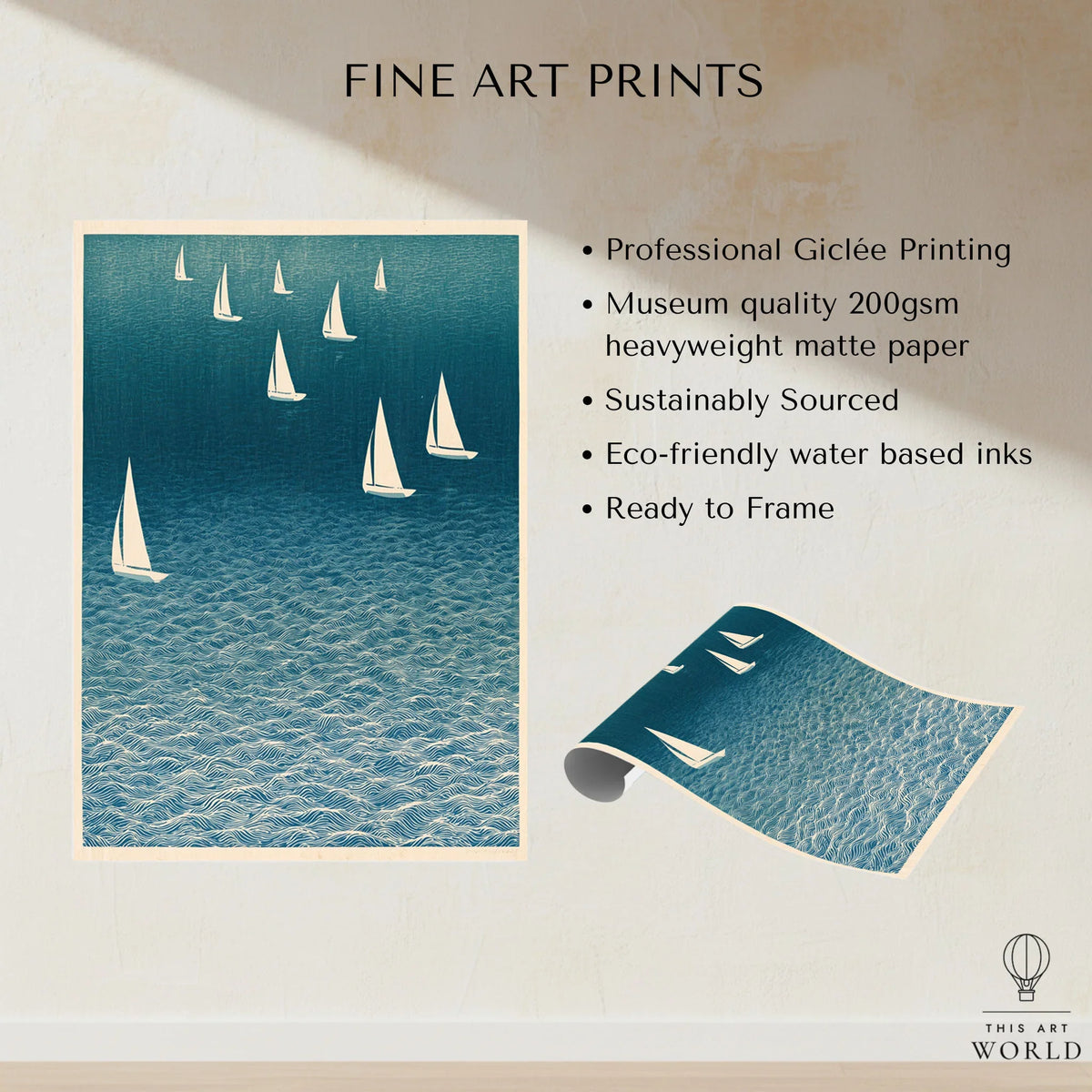 Sailing Boats Art Print – Blue Japanese Coastal Wall Art — fine art print unframed quality details