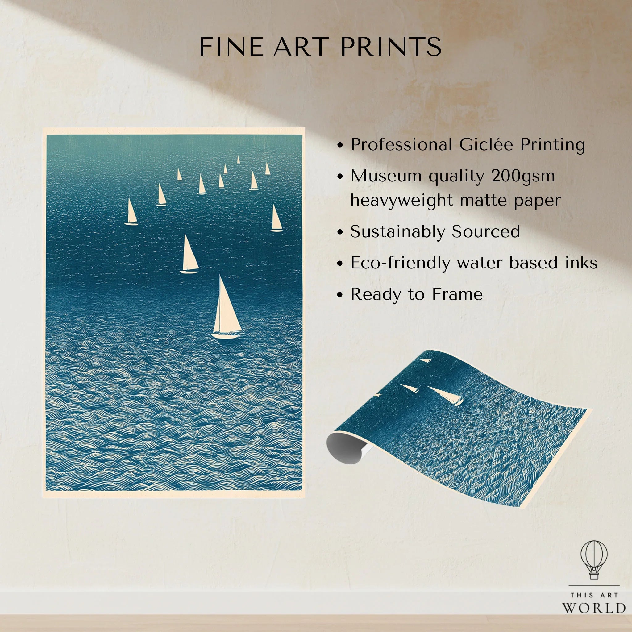 Sailboat Wall Art – Japanese Blue Ocean Print — fine art print unframed quality details