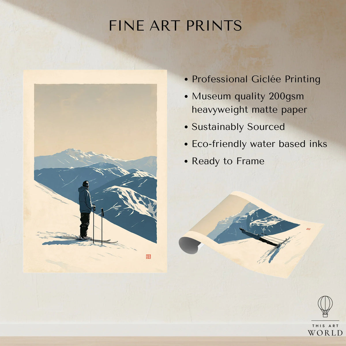 Ski Poster – Vintage Mountain Skier Wall Art — fine art print unframed quality details