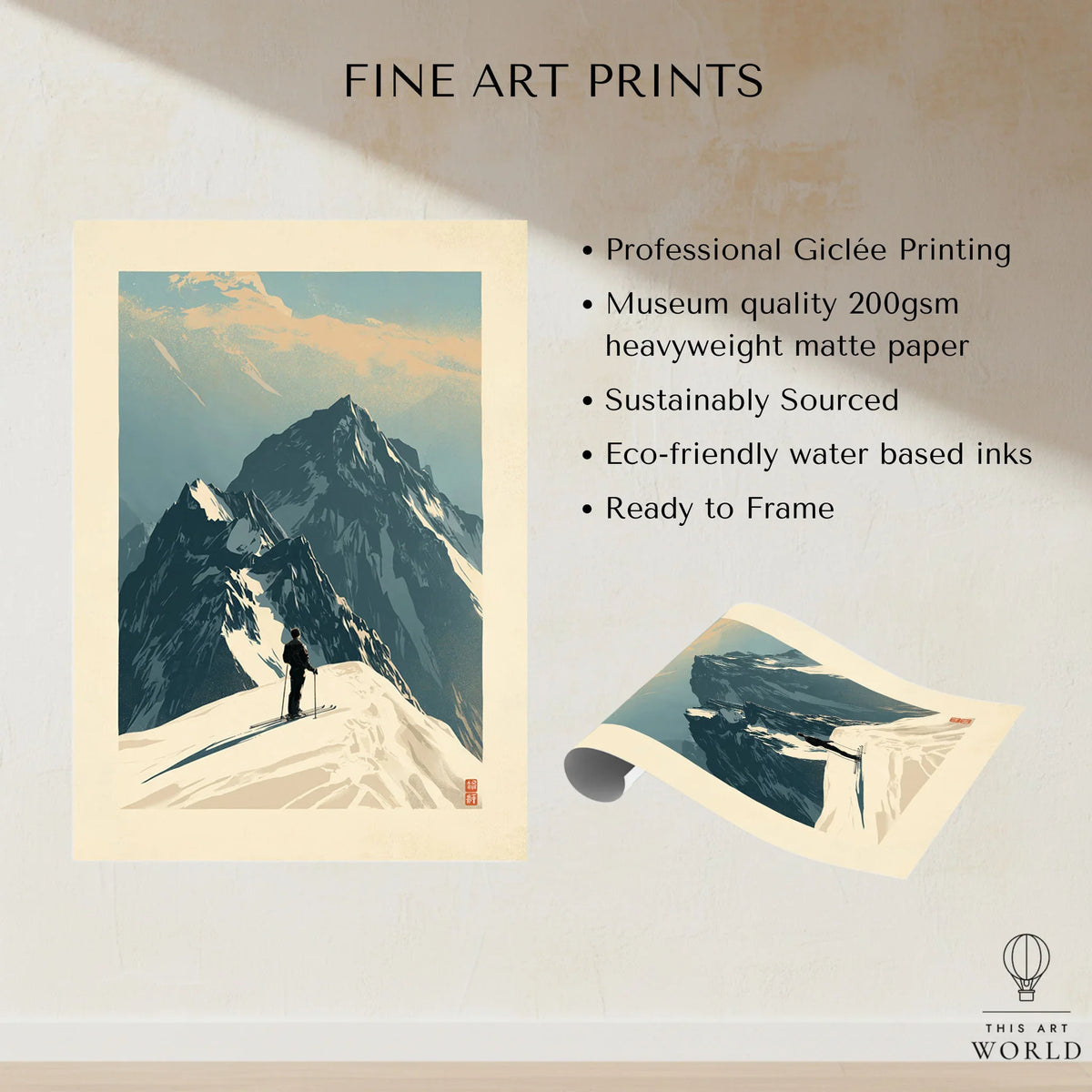 Ski Mountaineering Print – Vintage Alpine Summit Wall Art — fine art print unframed quality details
