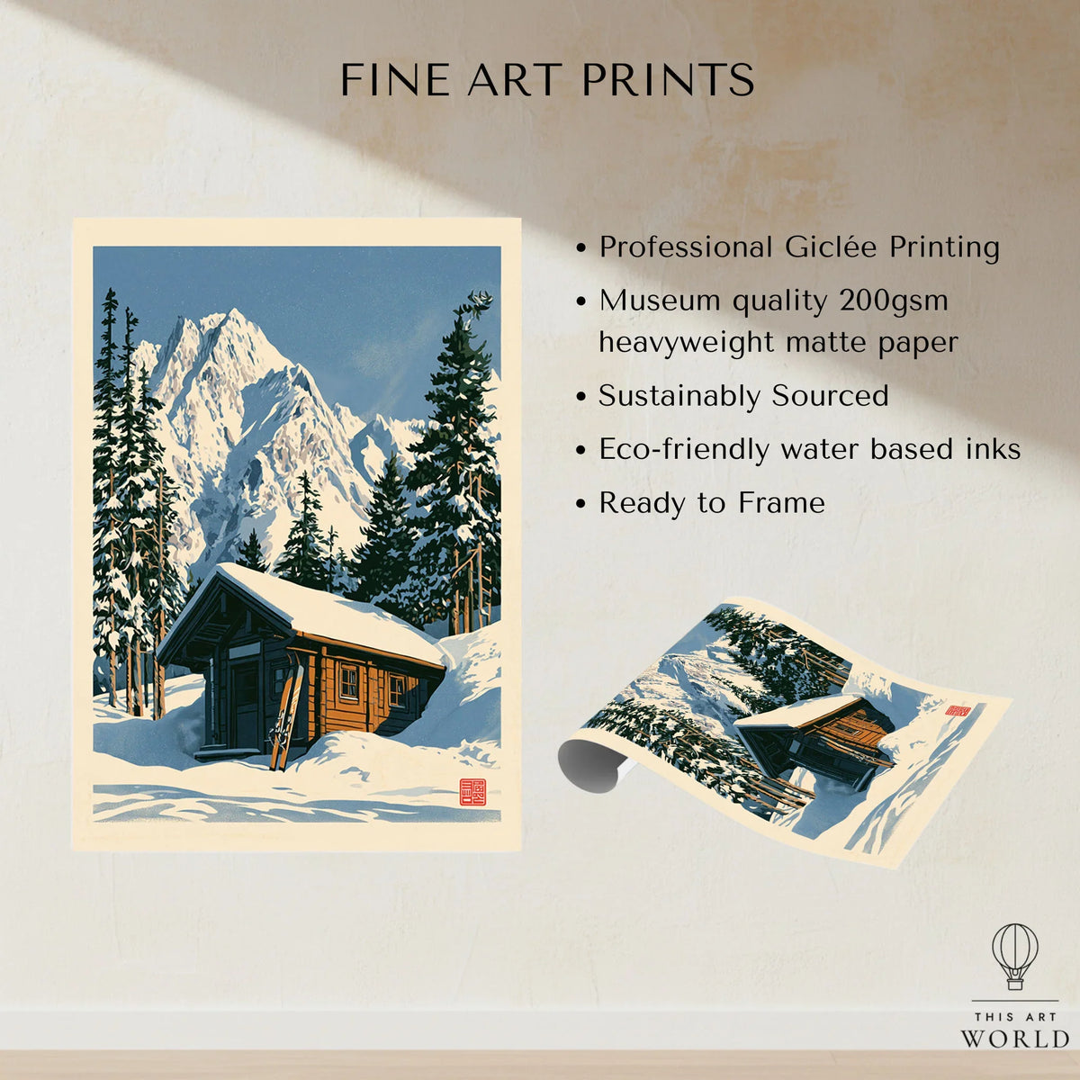 Ski Cabin Art Print – Vintage Alpine Chalet Wall Art — fine art print unframed quality details