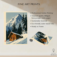 Log Cabin Ski Print – Vintage Alpine Lodge Wall Art — fine art print unframed quality details