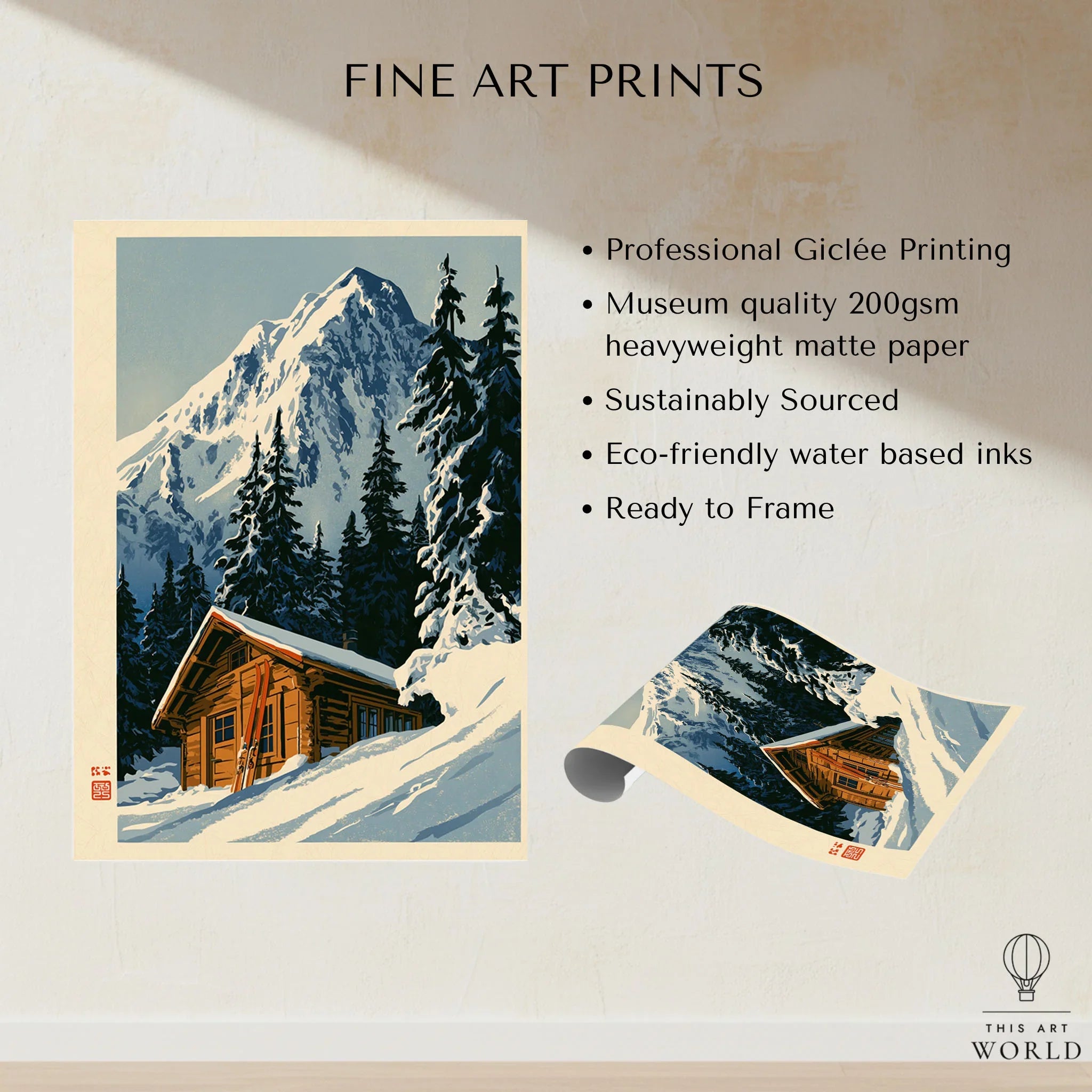 Log Cabin Ski Print – Vintage Alpine Lodge Wall Art — fine art print unframed quality details