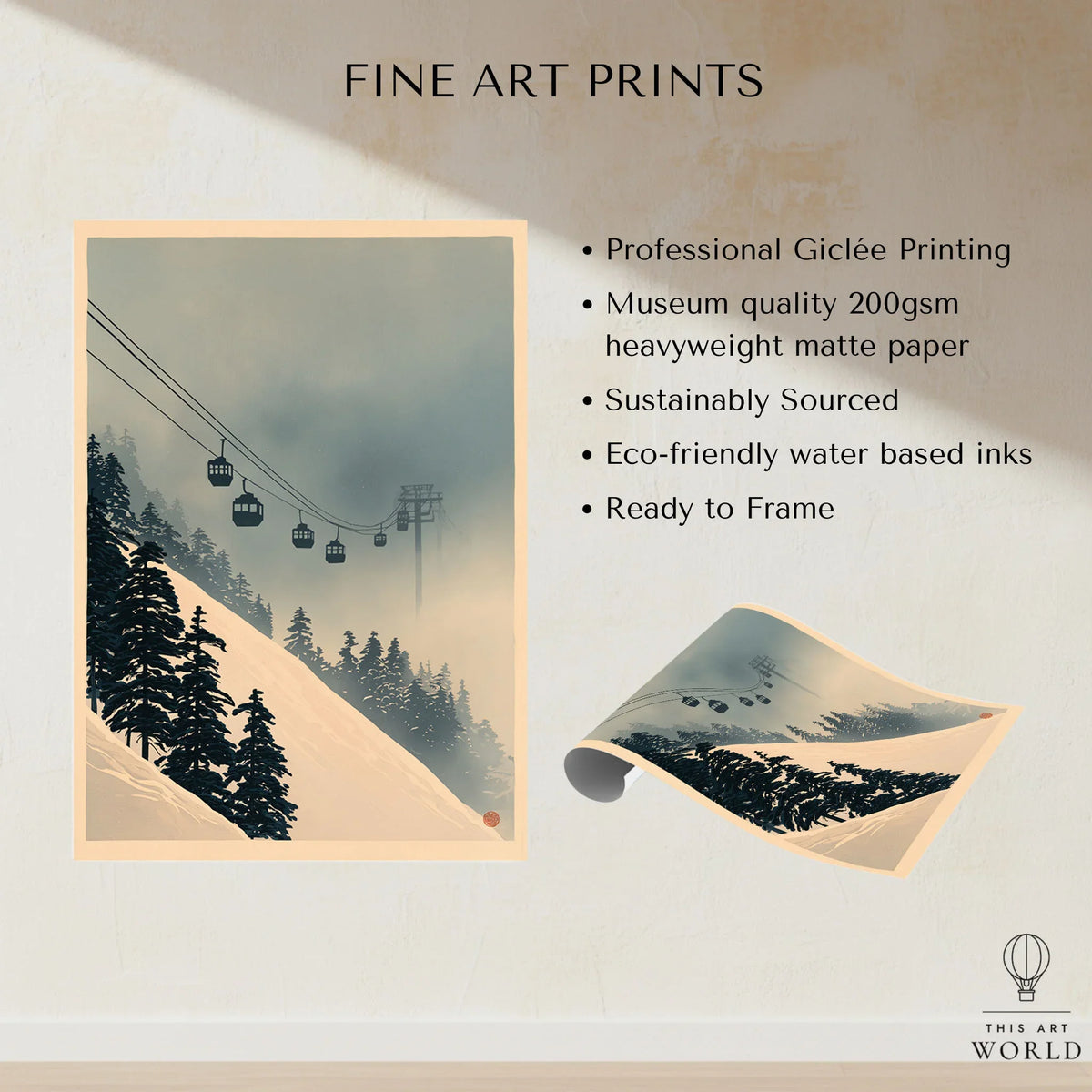 Misty Ski Lift Art Print – Vintage Alpine Gondola Wall Art — fine art print unframed quality details