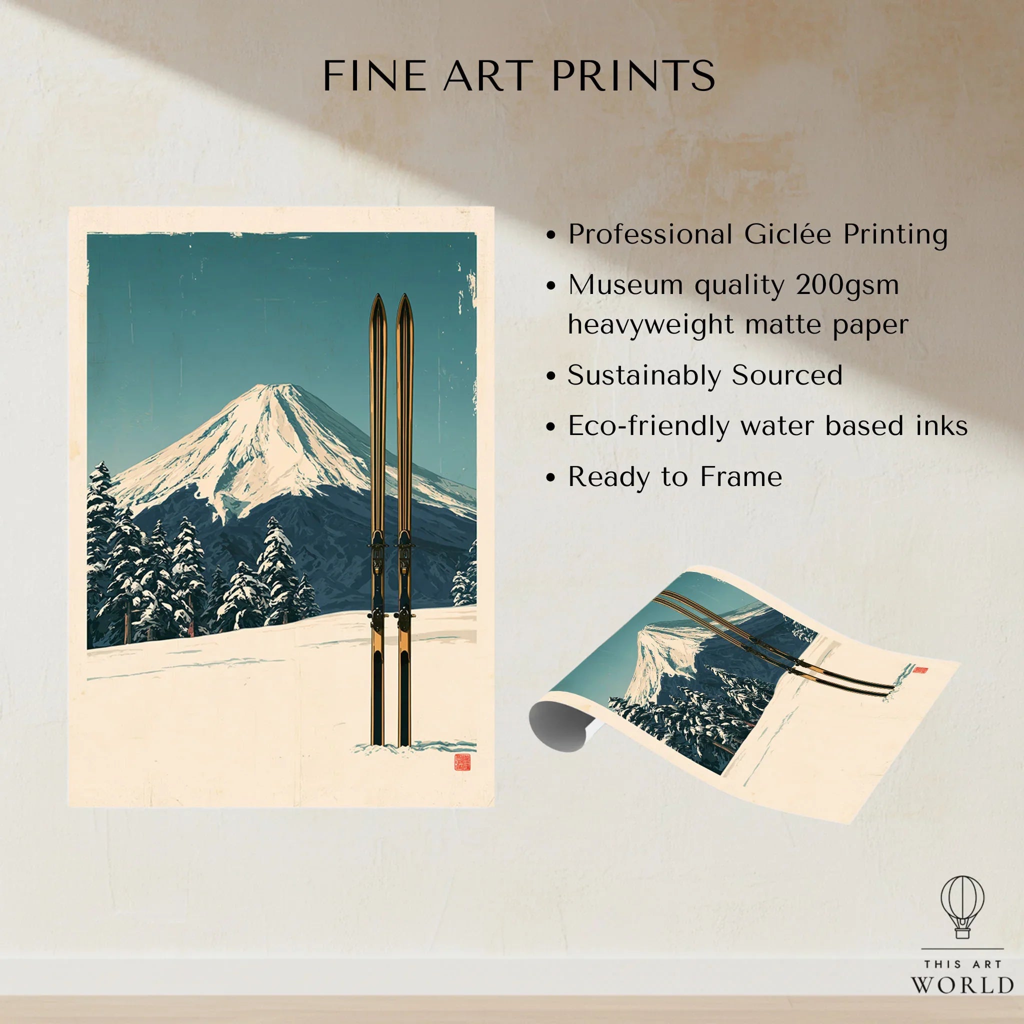 Mount Fuji Ski Poster – Vintage Japanese Alpine Print — fine art print unframed quality details