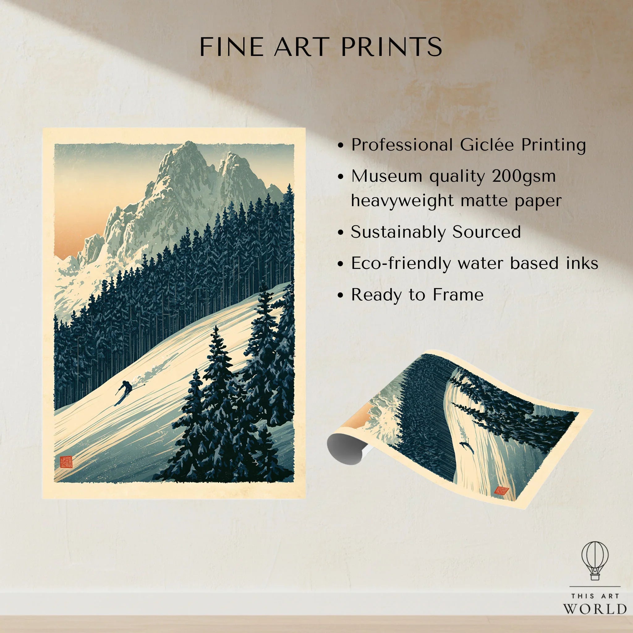 Alpine Ski Poster – Vintage Mountain Forest Wall Art — fine art print unframed quality details