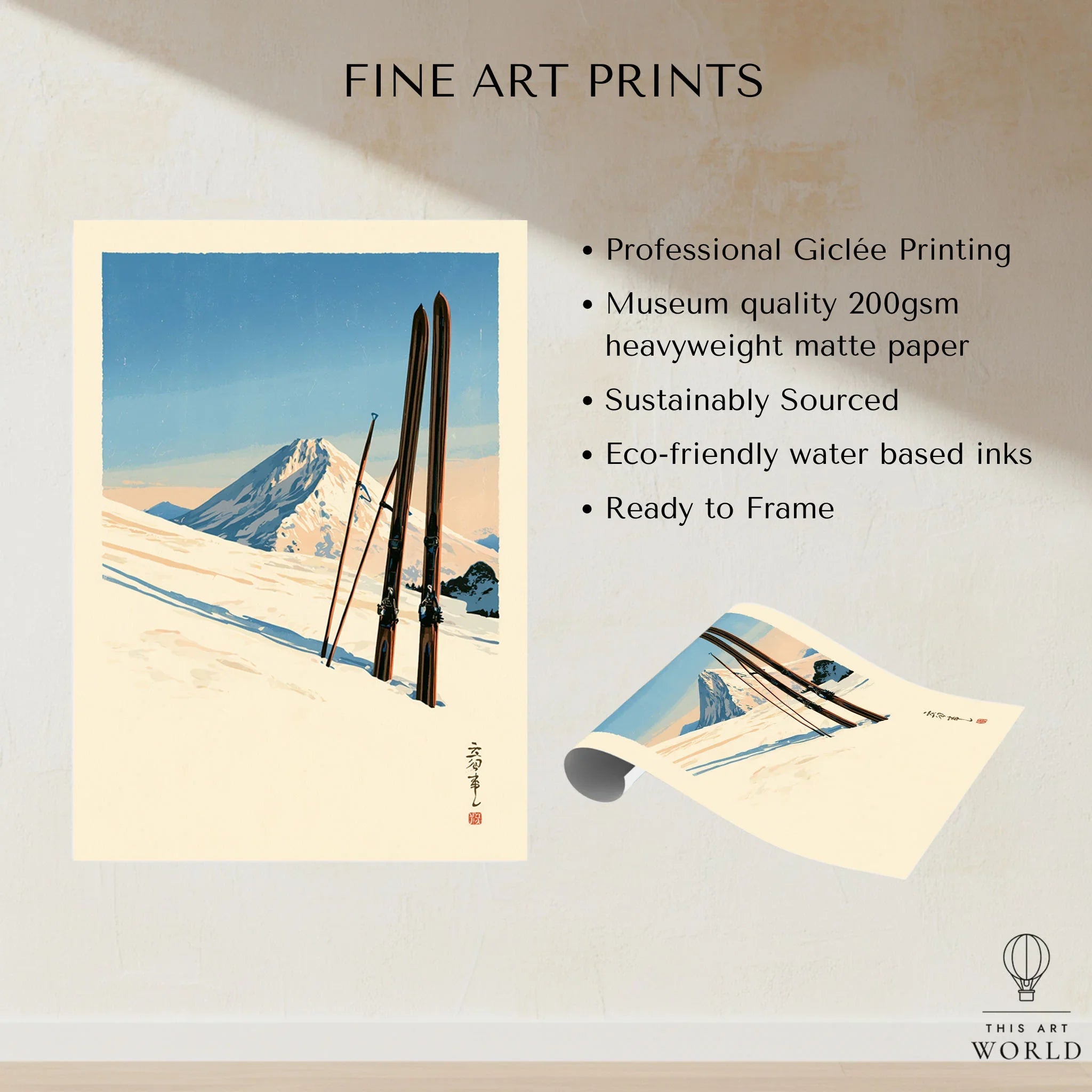 Vintage Ski Print – Japanese Woodblock Mountain Wall Art — fine art print unframed quality details