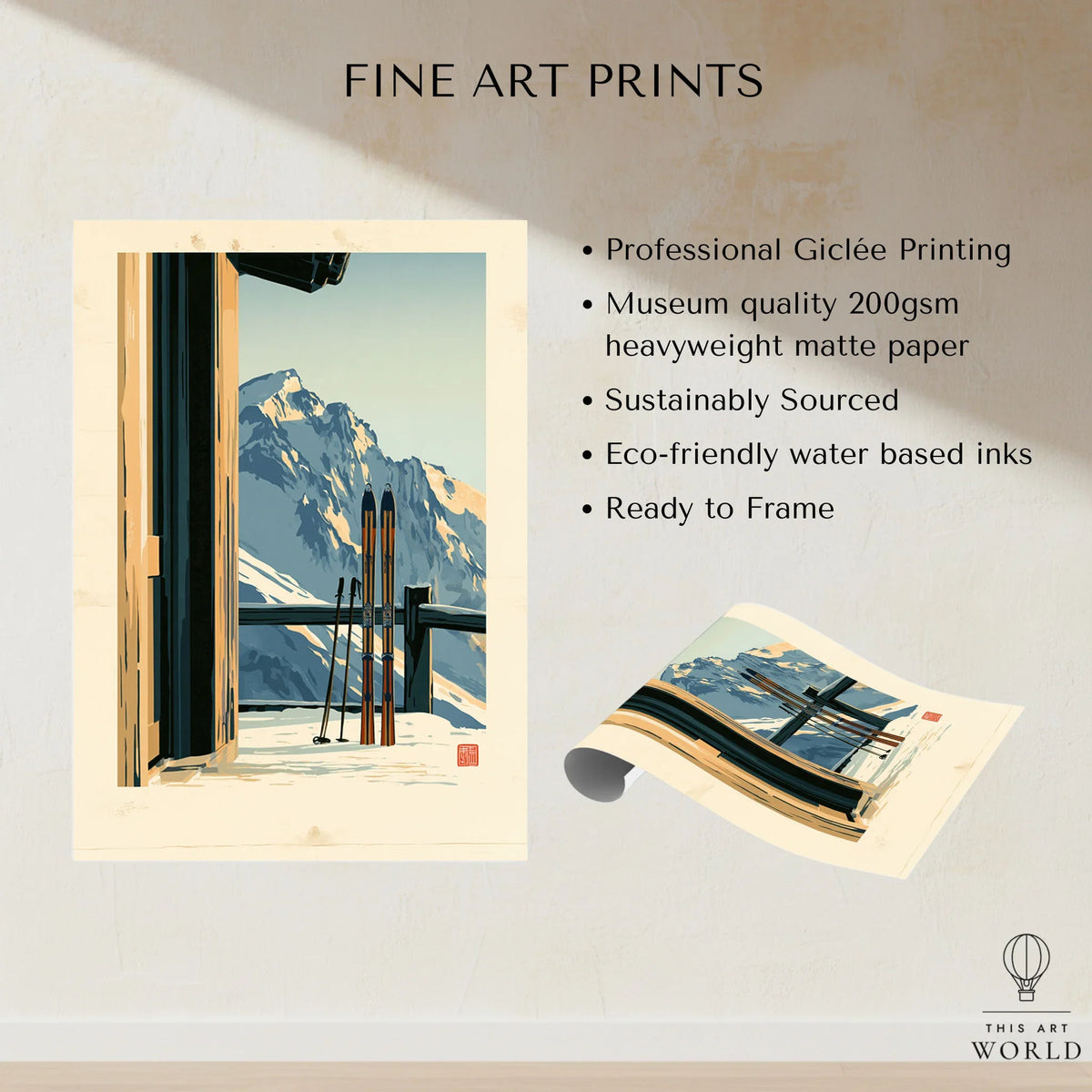 Chalet Ski Poster – Vintage Alpine Balcony Wall Art — fine art print unframed quality details