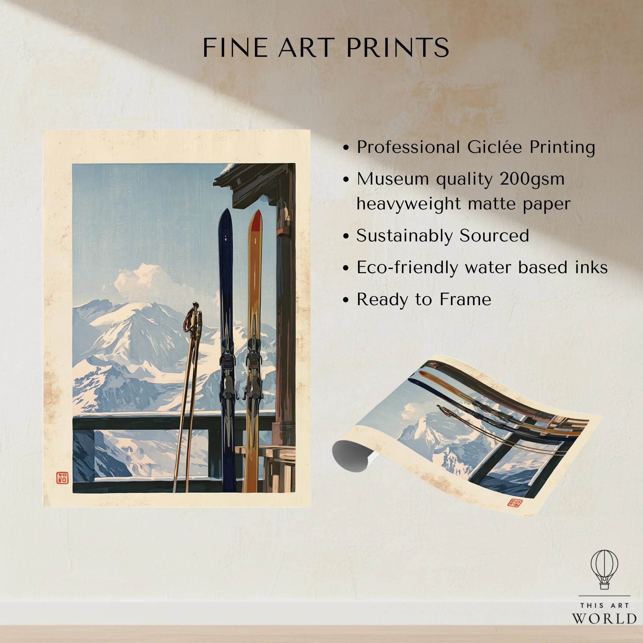 Vintage Skis Art Print – Alpine Chalet Balcony Wall Art — fine art print unframed quality details