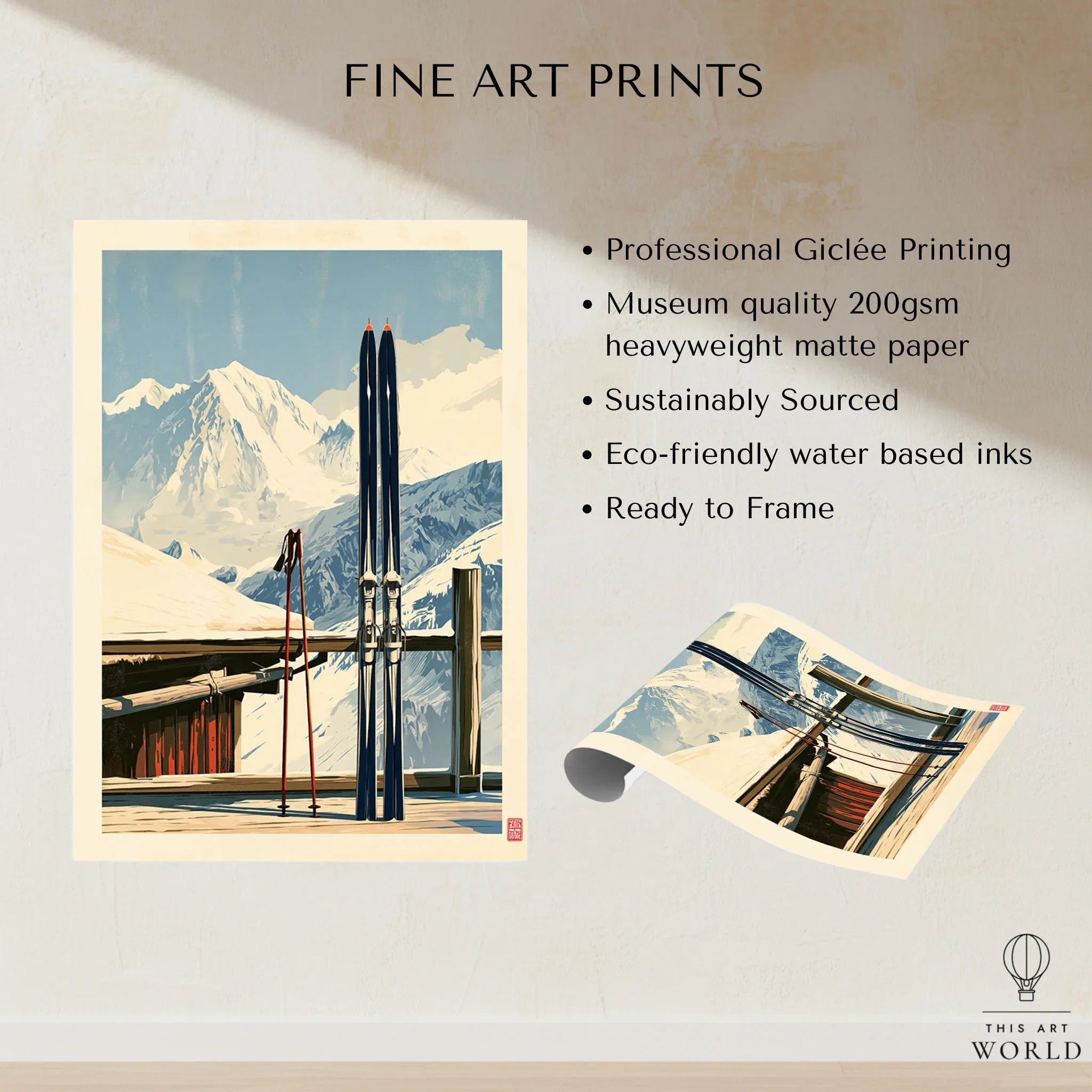 Retro Ski Poster – Vintage Skis Alpine Wall Art — fine art print unframed quality details