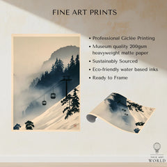 Ski Lift in Mist Print – Vintage Alpine Wall Art — fine art print unframed quality details