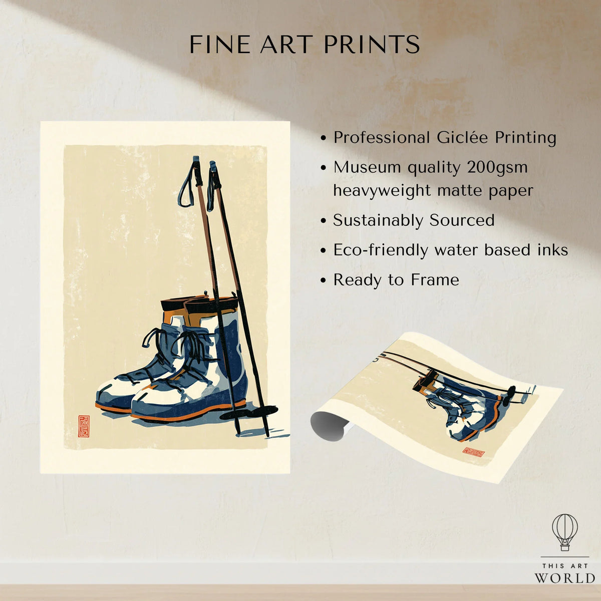 Vintage Ski Boots Art Print – Retro Ski Poster Wall Art — fine art print unframed quality details